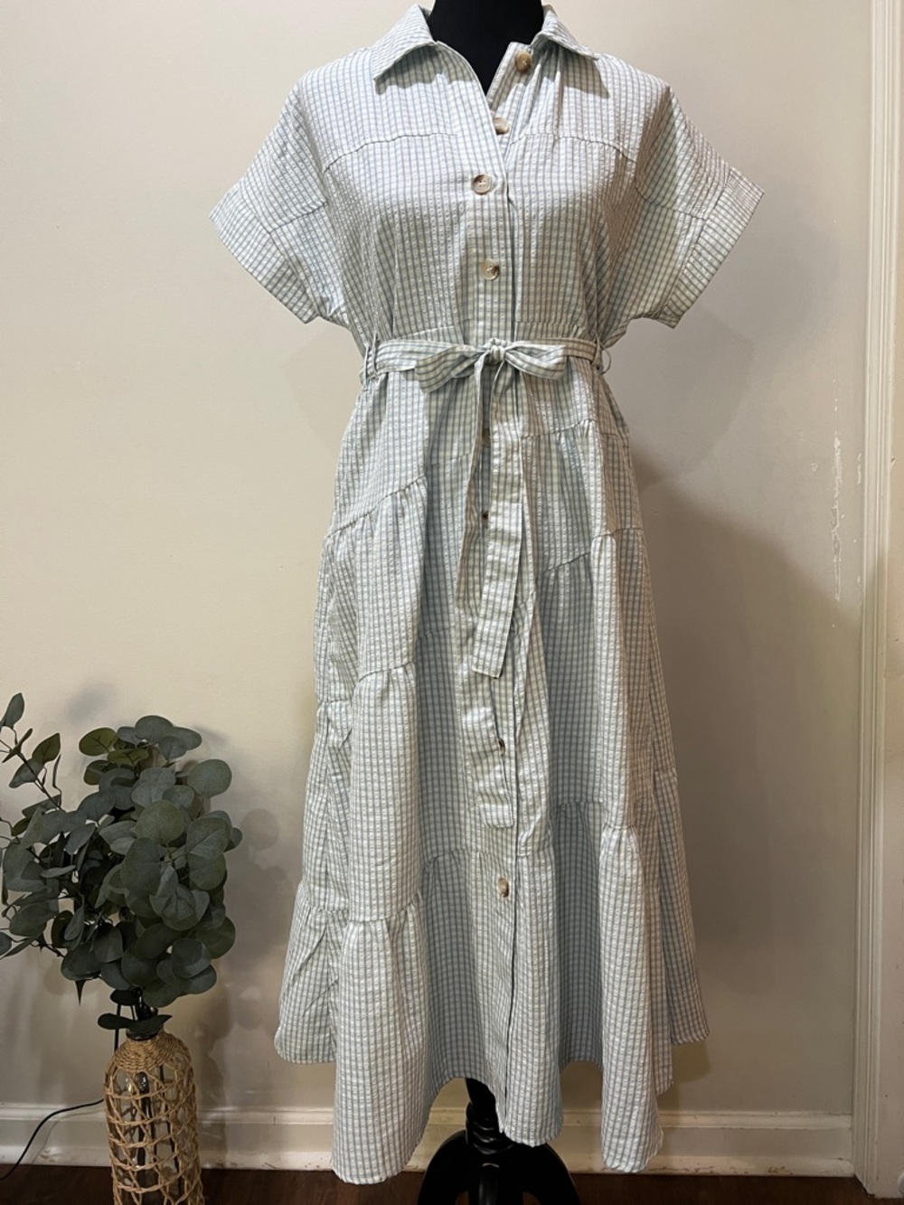 Mint Gingham Tie-Waist Maxi Shirt Dress